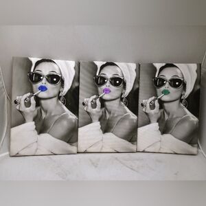 3 black and white with color pop. Audrey Hepburn canvas photos all 3 included